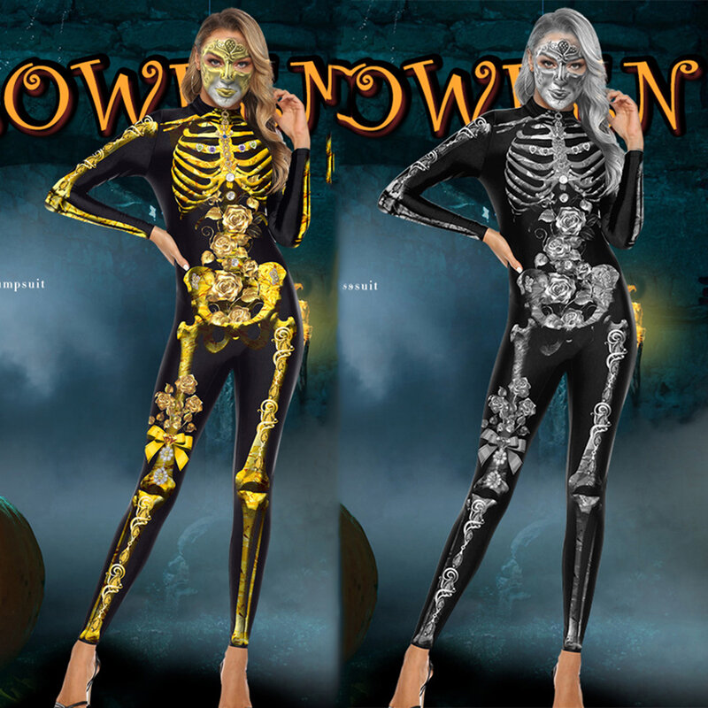 Disfraz de Halloween con estampado de esqueleto para mujer, Mono de fantasma para fiesta de carnaval, traje aterrador para actuación