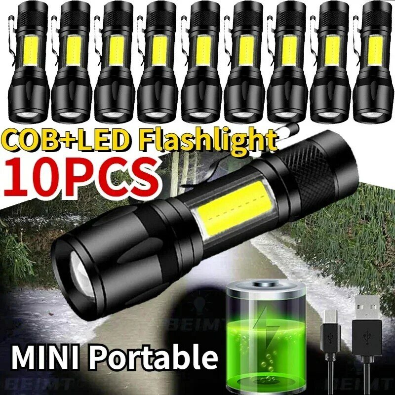 Mini lanterna LED COB + XPE tocha portátil, Zoomable Focus Light, lanterna tática recarregável, Camping Lanterna de emergência, 10 pcs