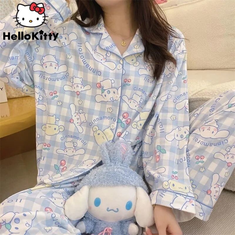 Sanurgente-Ensemble de pyjama Anime Cinnamoroll pour femmes, vêtements de maison Kuromi, vêtements de nuit doux Preppy pour filles, pantalons en Y, 2 pièces, Y2K, printemps, nouveau