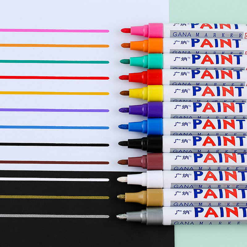 Colorido permanente pintura marcador, impermeável, branco marcadores, pneu do pneu, borracha, tecido, metal, 12 cores, 6 pcs