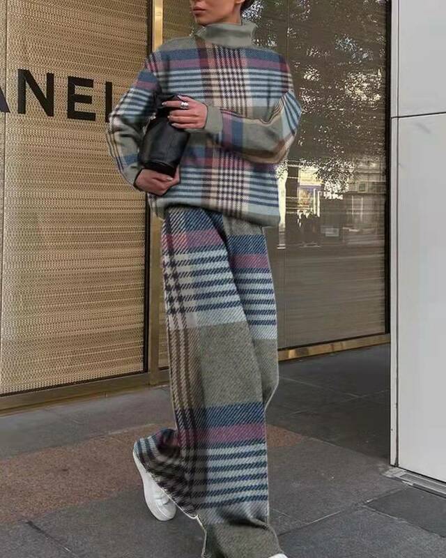Damskie zestawy do noszenia na zimę w stylu geometycznym na 2 sztuki wychodzą na lotnisko z dzianiny z ciepłym stójką z długim sweter z rękawem