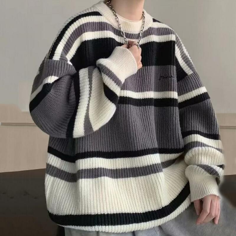 편안한 일본 스타일 컬러 블록 니트 남성용 스웨터, 가을 겨울 두꺼운 따뜻한 풀오버, 긴팔 레트로 미드