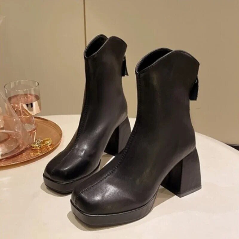 Brand Women Shoes 2023 New Square Toe Women's Boots Simple Versatile Ladies Short Boots Comfortable Chunky Heel Platform Boots