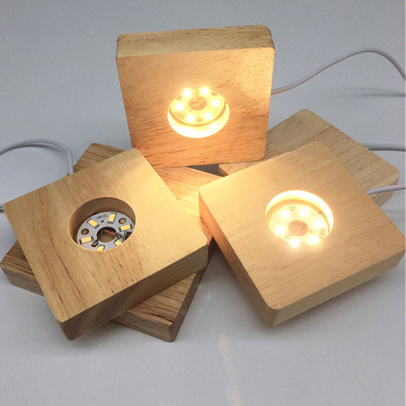 Suporte de lâmpada de madeira maciça LED com cabo de dados USB, 6 grânulos de LED embutidos, Base de luz noturna