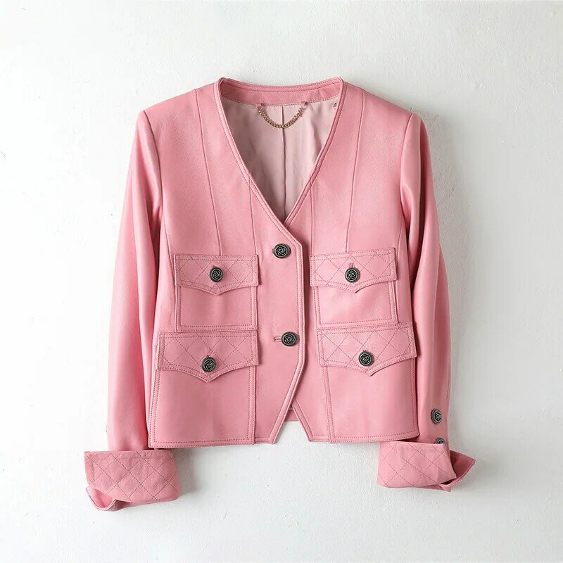 Jaquetas de pele de carneiro genuínas para mulheres, casaco novo para senhora, primavera e outono, TF5598