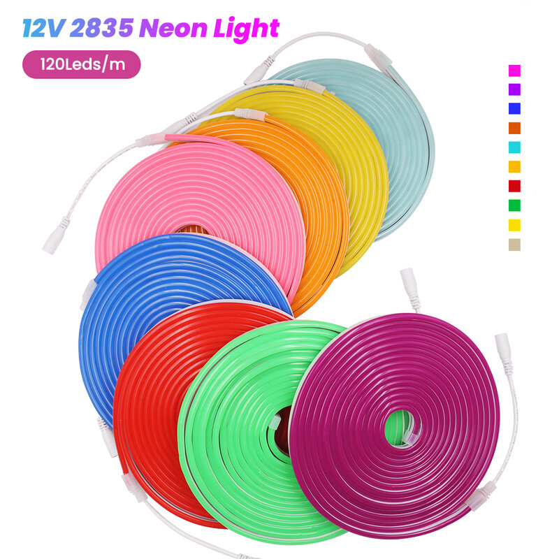 Fita de led flexível dc12v smd2835, 6x12mm, luz neon, 120leds/m, à prova d'água, tira de luz, macio, sinal neon, corda para decoração