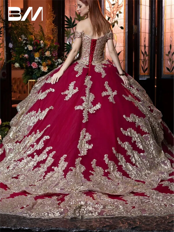 Luksusowa złota koronkowa suknia balowa sukienka na quinceanera 2024 Off ramię słodkie 15 16 sukienki suknia wieczorowa balowa suknia koktajlowa
