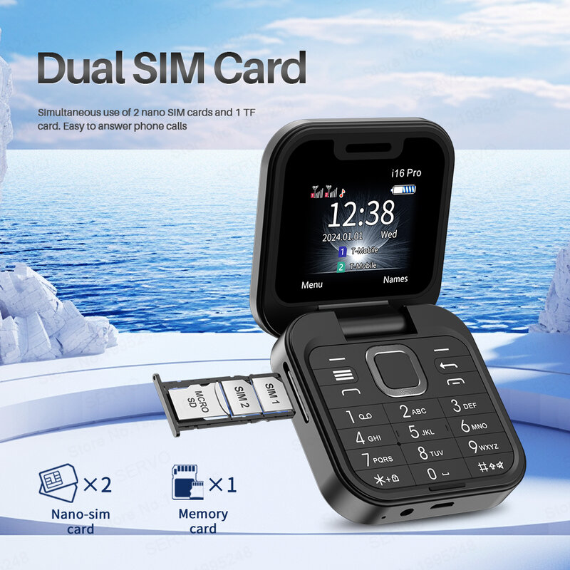 SERVO-Mini Fold Mobile Phone, Dual SIM Card, Rádio FM, Vibração Voz Mágica, Lista Negra Speed Dial, 1,77 "tela do telefone quadrado, i16 Pro