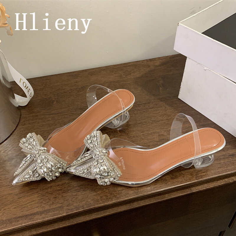 Hlieny-女性のための蝶ネクタイポンプ,シルバーの先のとがったつま先,ローヒール,PVC,透明なサンダル,パーティーや結婚式,新しいデザイン