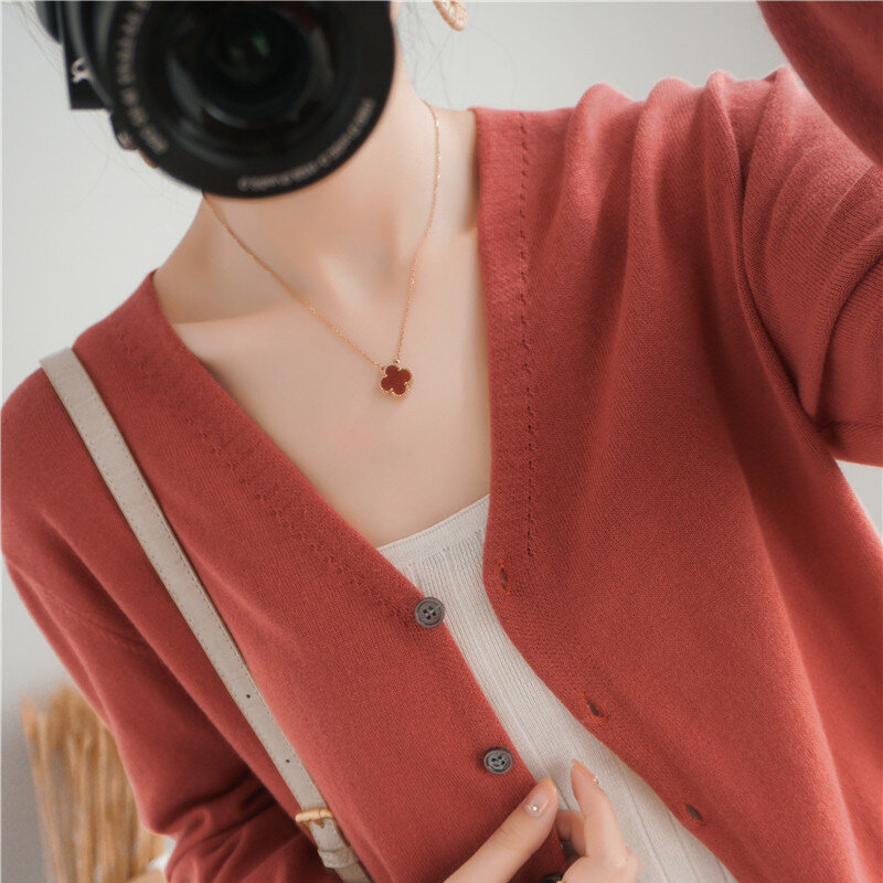 100% pure cotton knitted cardigan popular for women in spring and autumn, thin new shawl long sleeved jacket versatile ﻿