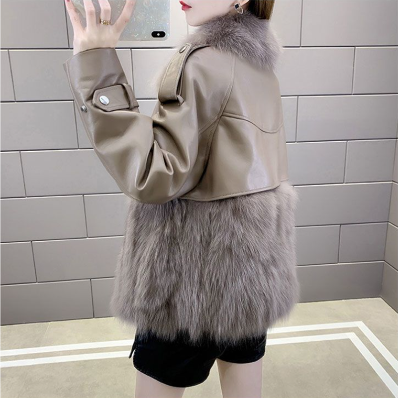 Jaqueta de pele casual de costura alta feminina, sobretudo outono inverno, moda grossa solta, casaco de pelúcia de pele raposa imitação, curto outwear