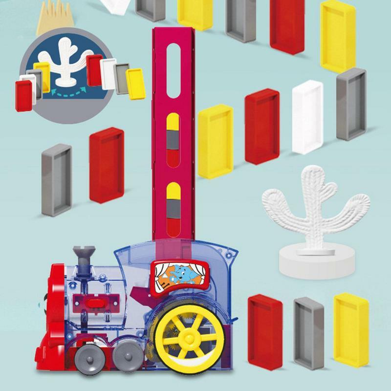 자동 도미노 기차 장난감, 도미노 랠리 전기 기차 세트, 조명 및 소리 포함 기차 조정용 도미노 쌓기 장난감
