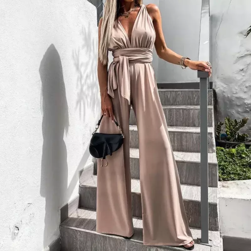 2024 New Women Hollow Out Strappy Jumpsuit Elegant V-Neck Sexy Bodysuit Romper Casual Fashion Solid Color Summer Jumpsuit OFE01