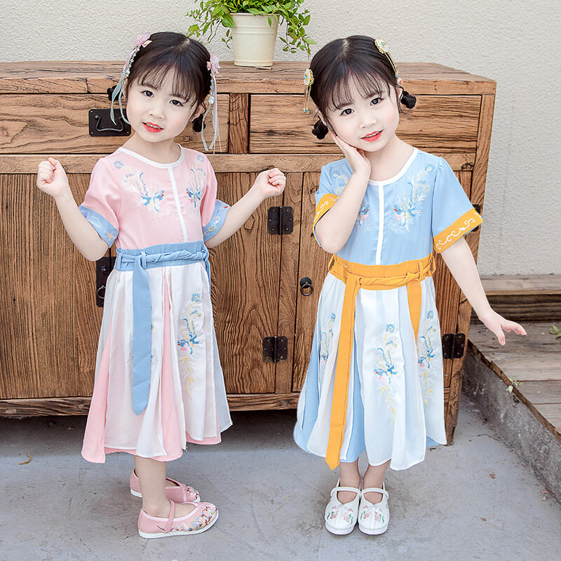 New Chinese Style Vintage Embroidery Girl Hanfu Short Sleeve Lovely Fairy Princess Skirt Party Evening Performance Dress Vestido