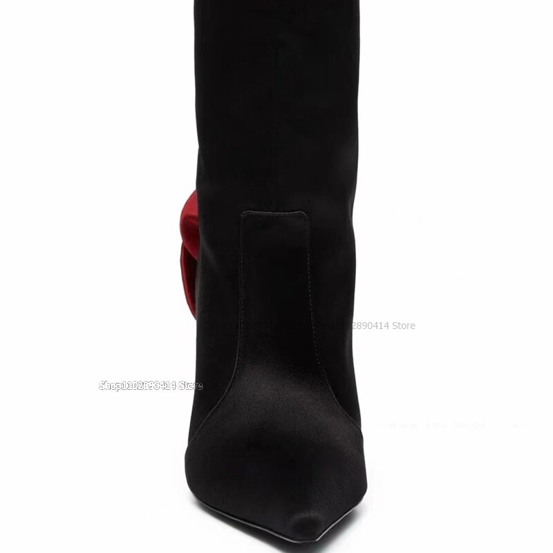 Botas de bezerro de dedo apontado para mulheres, sapatos com zíper traseiro, salto alto fino, decoração rosa rosa, preto, moda sexy, 2023