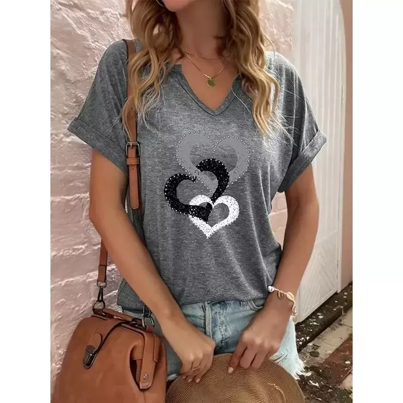 Modna damska T-Shirt koszulka w kształcie serca 3d koszulka dziewczęca Oversized odzież z okrągłym dekoltem 2023 letnia odzież damska