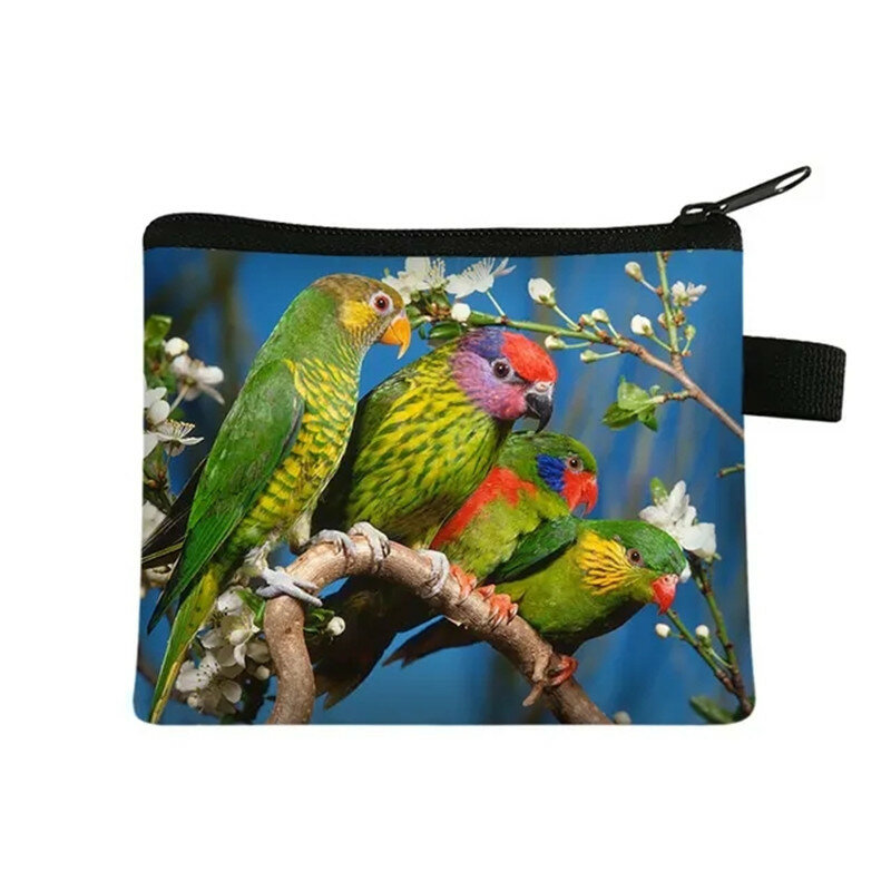 Cute Bird Parrot Print Coin Purse, Kawaii Girls Wallet, Chaveiro, Cartão de Crédito, Money Holder Bag, Canvas Boys Purse, Pequenos sacos