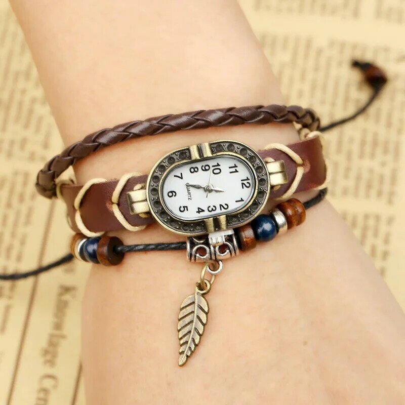 Vrouwen Echt Lederen Vintage Quartz Horloge Multi Layer Handgemaakte Armband Horloges Verstelbare Lengte Paar Horloge 2022 Bangle