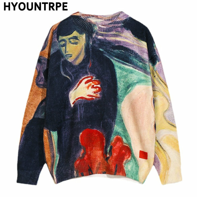 ผู้ชาย Hip Hop เสื้อกันหนาว Streetwear Harajuku ภาพวาดเสื้อกันหนาวแบบถัก Retro Vintage ฤดูใบไม้ร่วงสบายๆผ้าฝ้ายเสื้อกันหนาว Pullovers