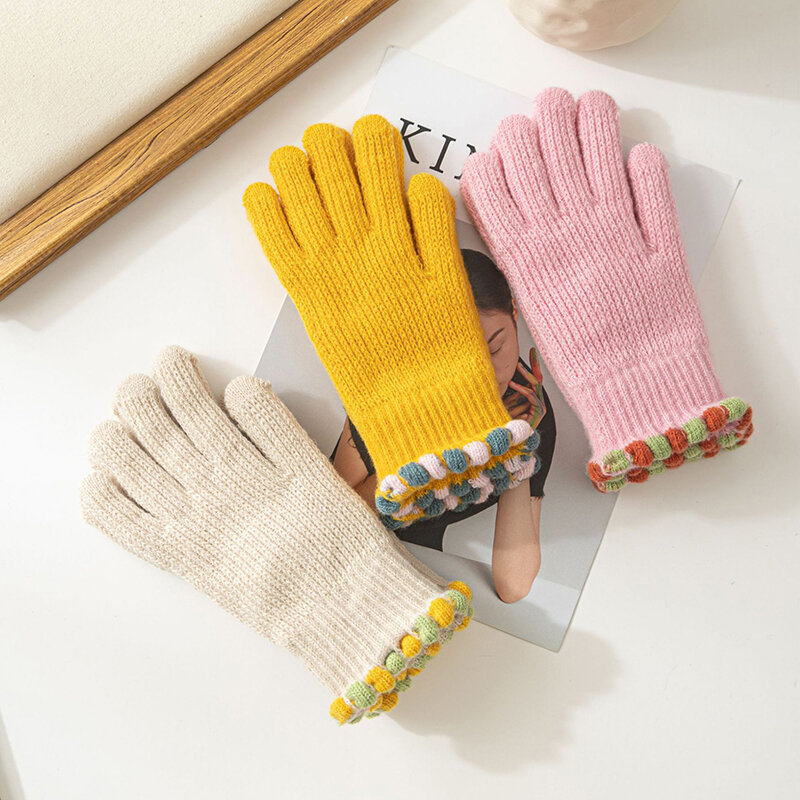 Luvas de malha monocromáticas para mulheres, crochê, tela sensível ao toque, grossa, quente, inverno, cinco dedos