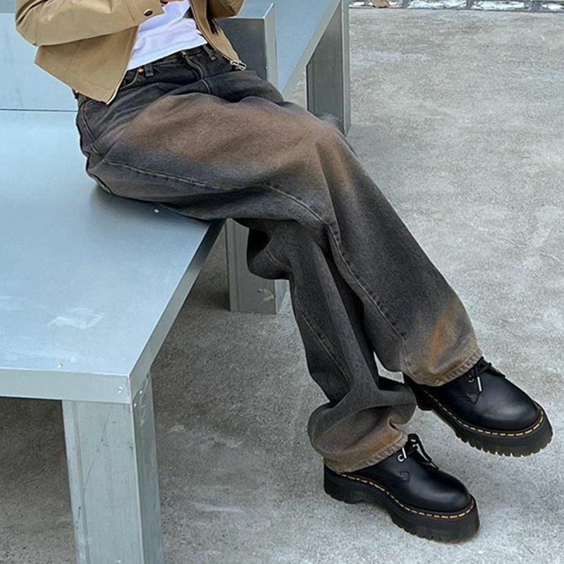 Женские винтажные мешковатые джинсы QWEEK Y2k с высокой талией, Корейская уличная одежда, широкие брюки, прямые брюки оверсайз с эффектом потертости, одежда для гранжа