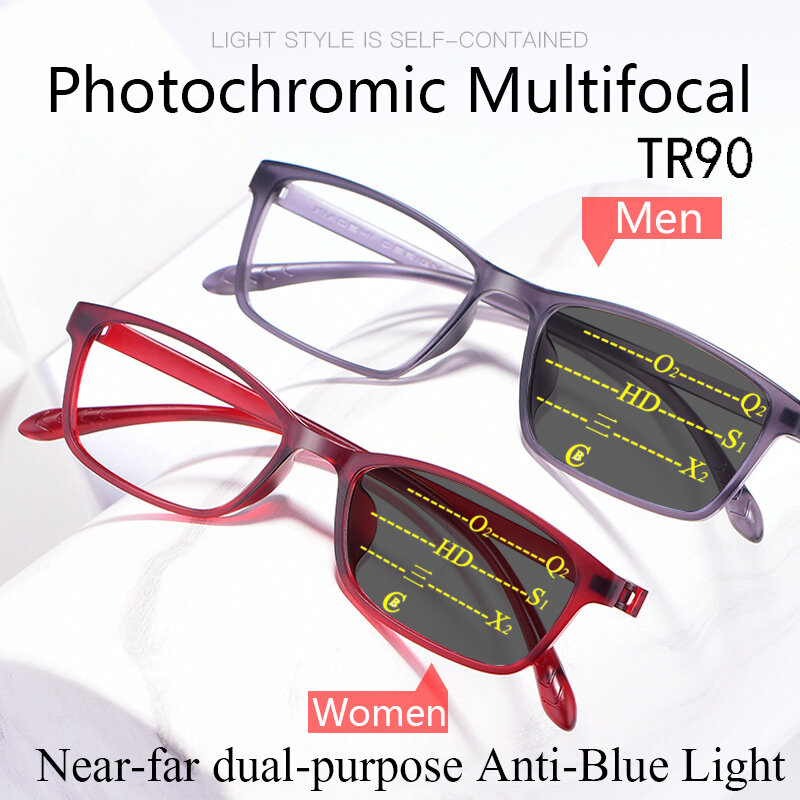 No Screws Progressive Photochromic Reading Glasses Men Multifocal Anti-Blue Light Flexible TR90 Anti-Fatigue Full Frame Eyewear