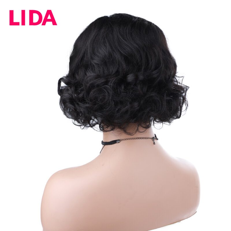 Lida-Peluca de cabello humano mezclado para mujer, pelo corto y rizado, extensiones laterales con línea superior Natural, hecho a máquina, uso diario