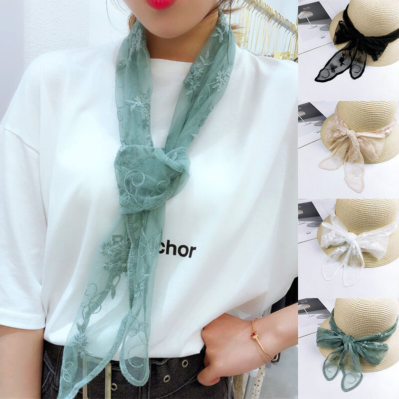 Lace Scarf Transparent Gauze Flower Long Silk Neck Scarf Hair Band Hollow Floral Head Neck Scarves Headscarf Mesh Small Shawl