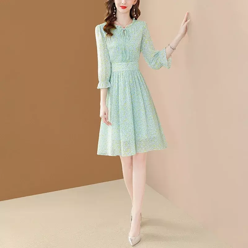 2024 New Spring and Summer Fashion Elegant Women's Dress Seven-point Sleeve Thin with Temperament Long Chiffon Skirt