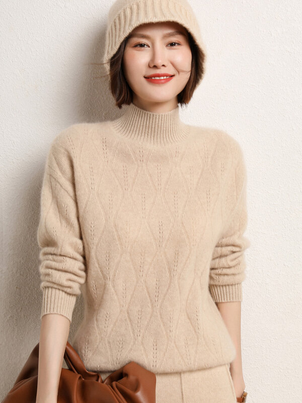 Suéter de lã merino feminino, pulôver com gola simulada, manga comprida grossa quente, roupa tricotada de caxemira, moda coreana, outono, inverno, 100%