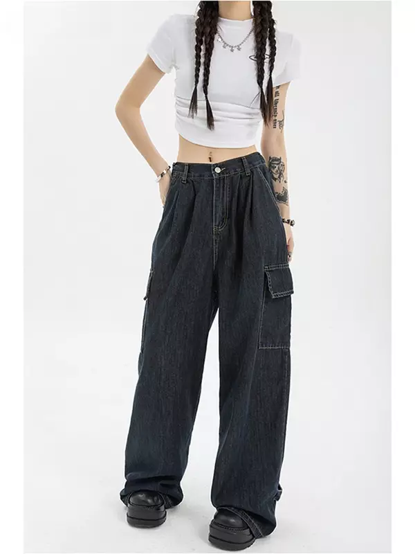 Jesienne damskie Harajuku Cargo workowate niebieskie jeansy Streetwear Hip Hop Oversize casualowe szerokie nogawki Vintage demon spodnie luźne spodnie