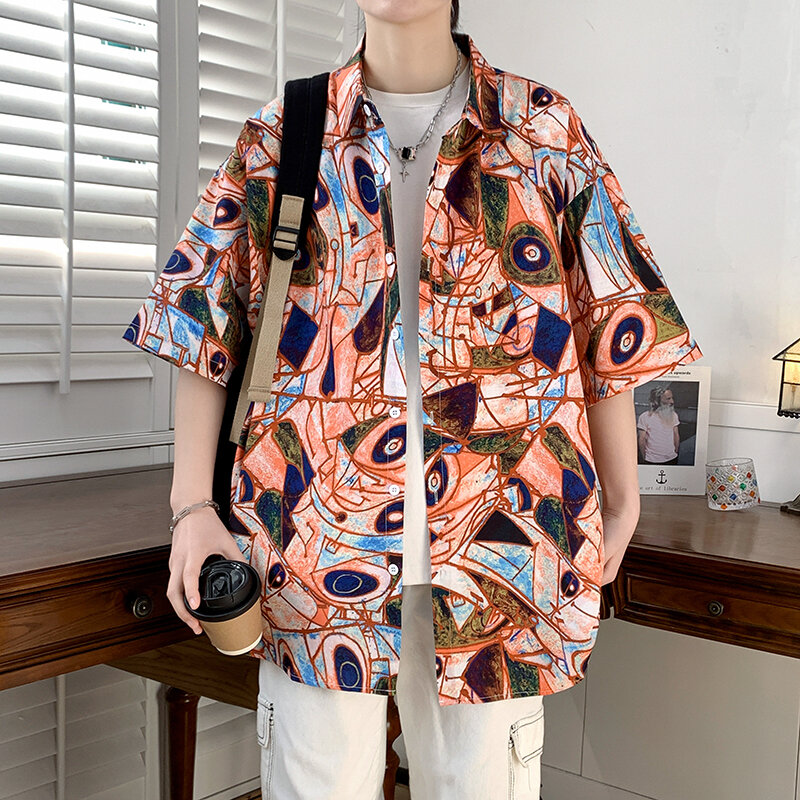 남성용 맞춤형 프린트 반팔 셔츠, 루즈한 캐주얼 라펠 셔츠, 하이엔드 대비 색상, 여름 신상
