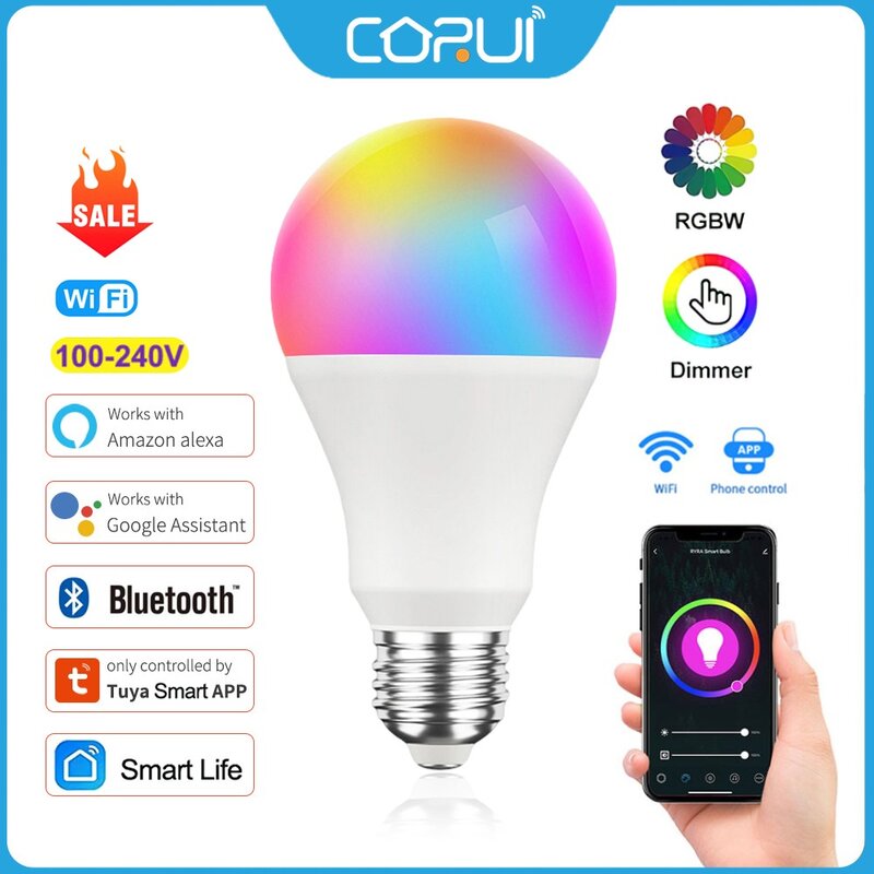 CORUI Tuya WIFI B22 E27 RGBCW inteligentna żarówka LED 9W/15W lampa LED z możliwością ściemniania praca z Alexa Google Home Alice Smart Life