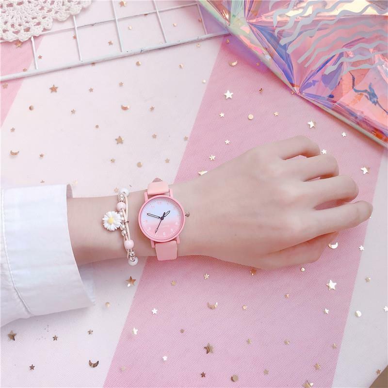 New Cherry Blossom Pink Children's Watch Fashion Waterproof Quartz Gradual Blue Leather Sports Girl's Clock Renojes