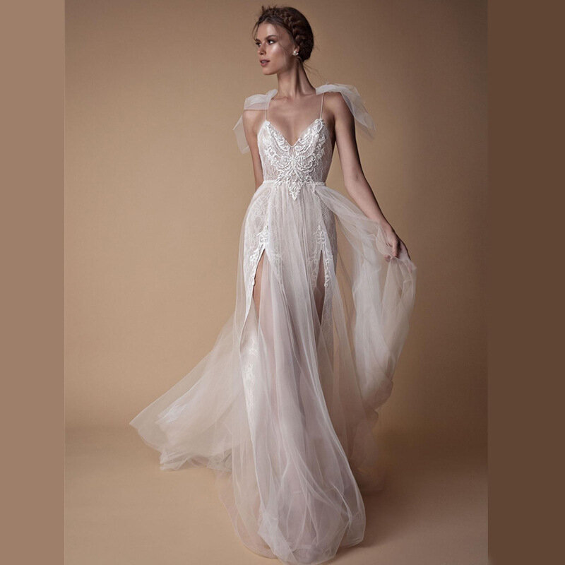 Boho profundo V-Neck vestido de casamento, sem mangas Backless Robe, vestido boêmio sexy, uma linha, cintas de espaguete, 2024