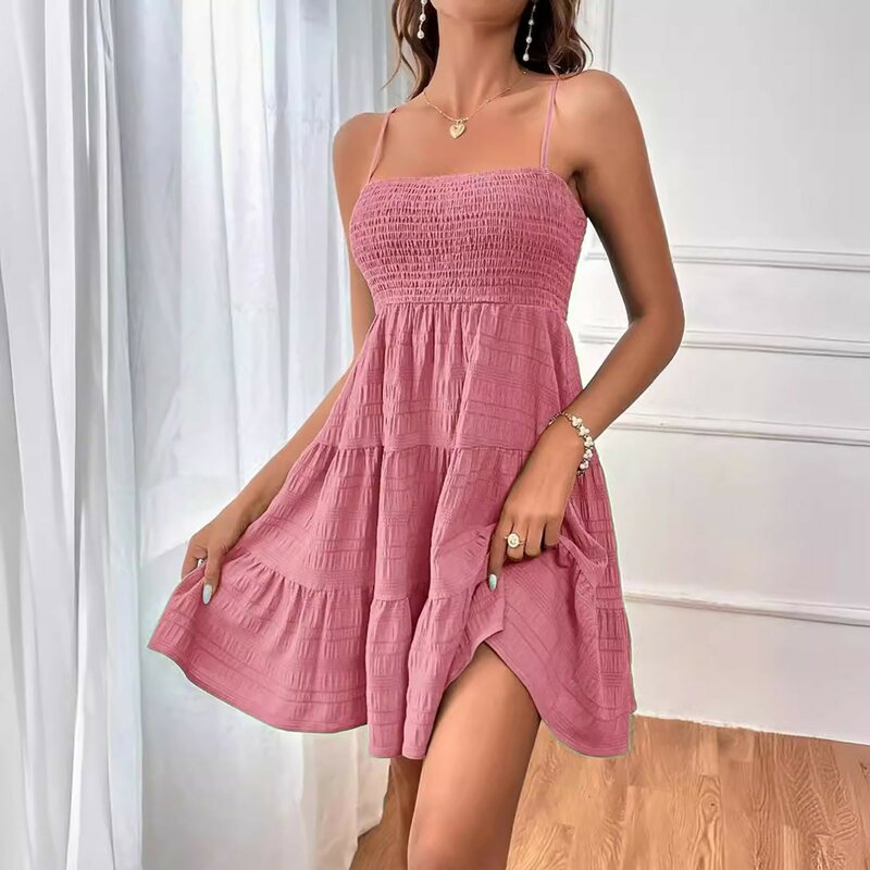 Casual Summer Mini Spaghrtti Strap Dress For Women Sleeveless A-Line Dress Ladies Folds Ruffles Pleated Backless Female Dresses