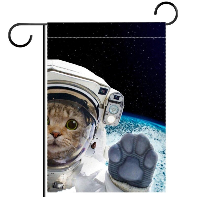Guapo gato astronauta y jardín Americano bandera doble cara poliéster divertido patio bandera para exteriores hogar césped terraza Decoración
