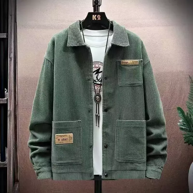 Jaket korduroi untuk pria, jaket korduroi modis kasual banyak kantong besar, kemeja Harajuku Jepang musim dingin, pakaian bisbol untuk pria 2023