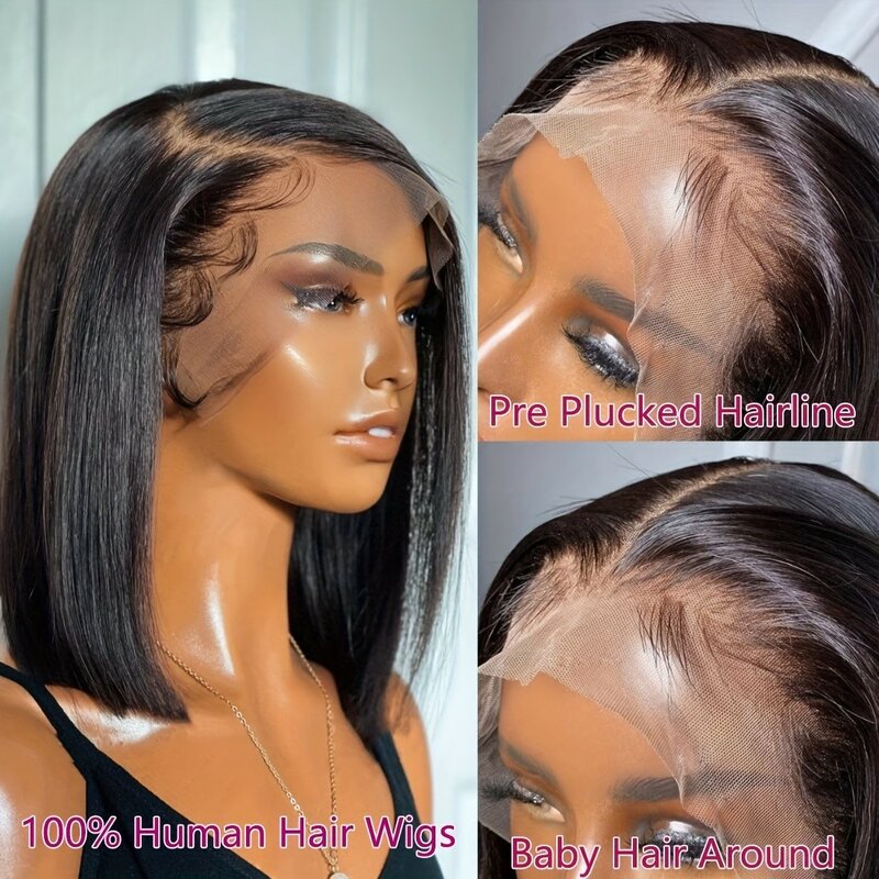 Koronkowe peruki z przodu krótki Bob peruki z ludzkich włosów wstępnie oskubane z prostymi włosami 13x4 przezroczystymi koronkowymi perukami z przodu ludzkich włosów