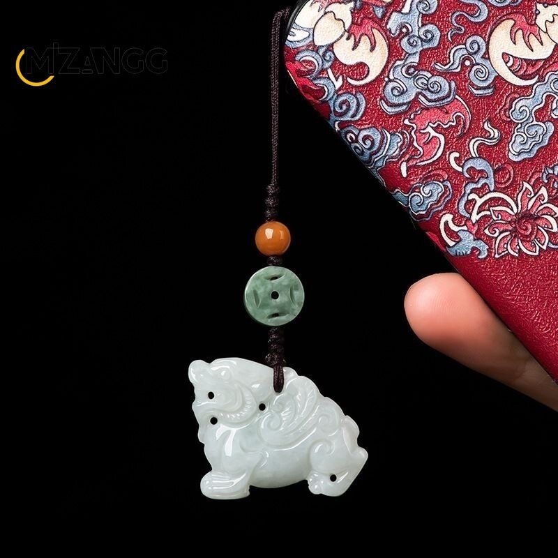 Original Natural A Goods Jadeite Kirin Mobile Phone Pendants Chinese Style Fashion Key Chain Bag Hanging Male and Female Mascots