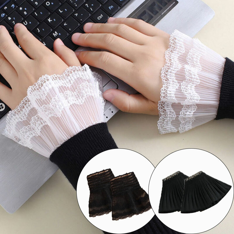 Women Lace Pleated False Cuffs Wrist Warmers Sweater Scar Cover Gloves Elbow Sleeve Cuff Arm Cover Fake Sleeve Cutout Lace 1pair