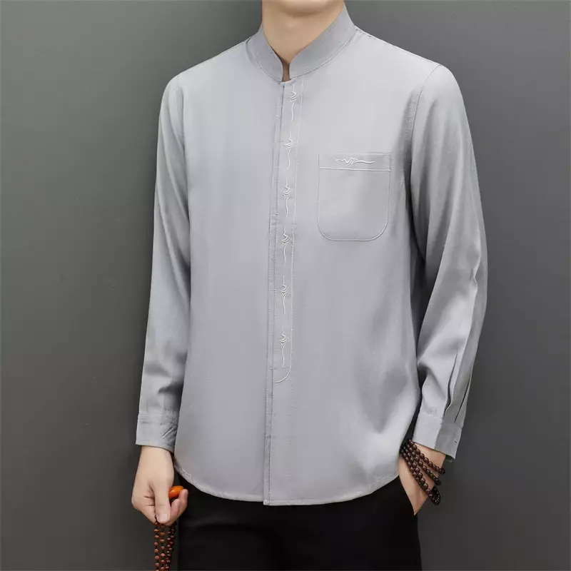 النمط الصيني قميص بأكمام طويلة ، الرجال الأعمال بلايز عادية ، مطرزة تي شيرت ، عالية الجودة جيب ، الصلبة الملابس