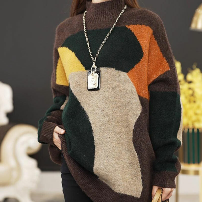 Odzież damska swetry codzienne kontrastujące kolory koreański luźne, jesienne zimowy półgolf Vintage Midi dzianinowe swetry nowość