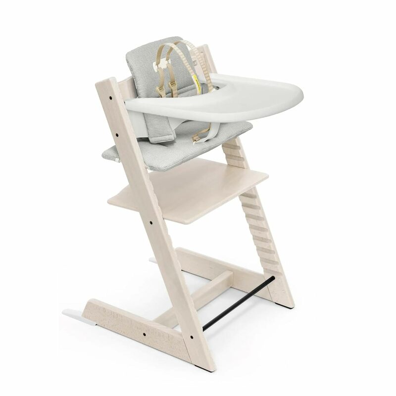 Wysokie krzesełko i poduszka z tacą-biała z regulowanym szary nordycki krzesełkiem typu all-in-one dla niemowląt i małych dzieci