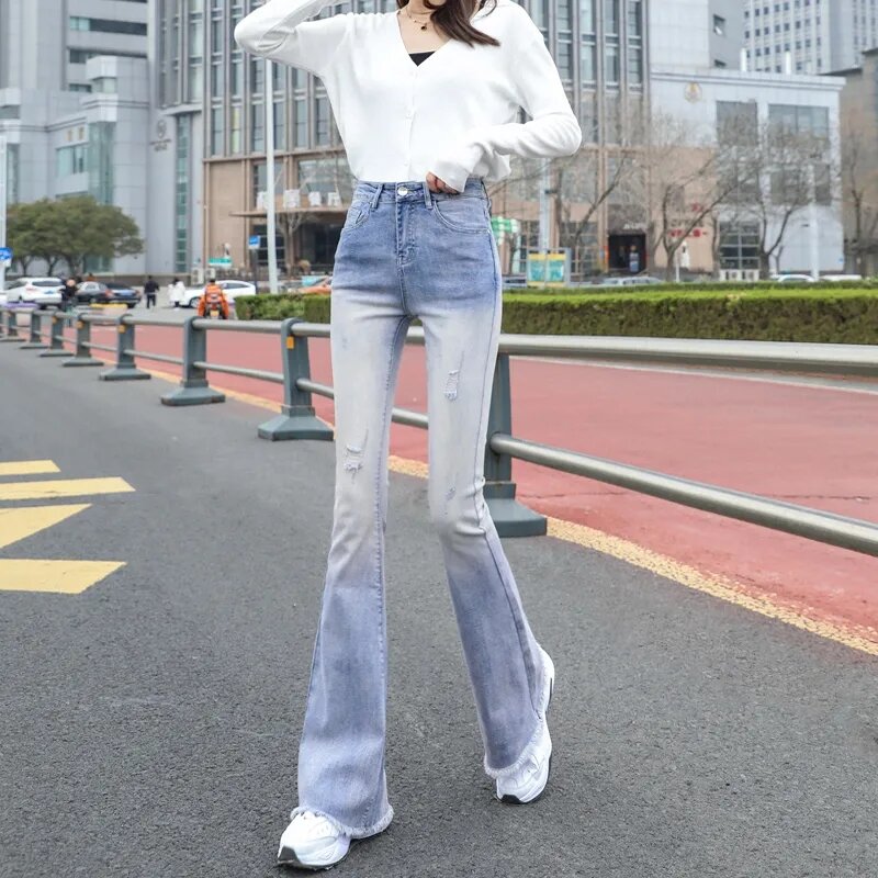 Flare Jeans Hosen Damen Vintage Denim Y2k Jeans Frauen High Taille Mode Stretch große und dünne Hosen Streetwear Retro Jeans