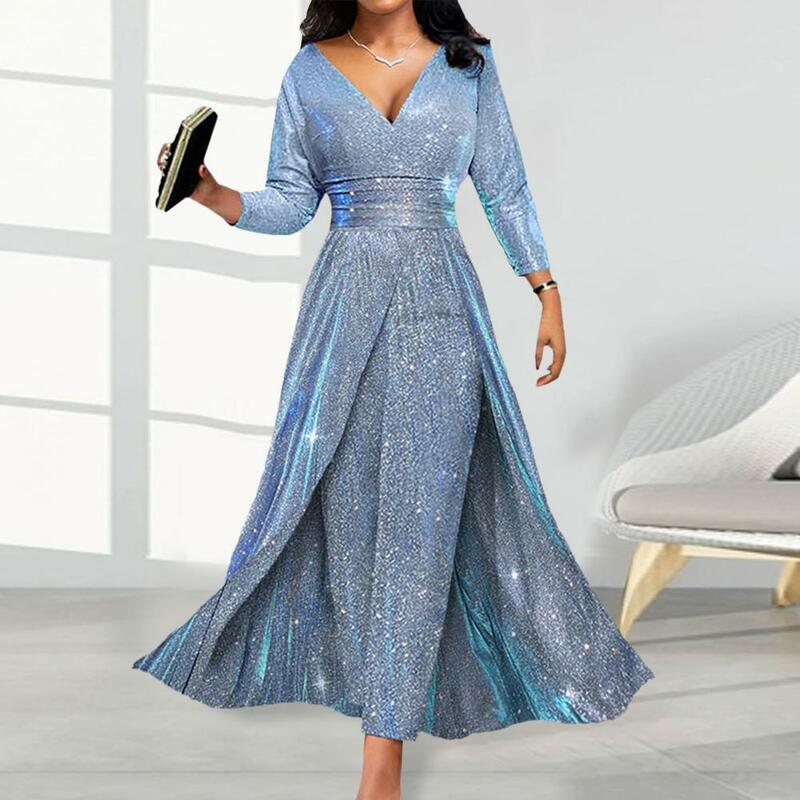 Hem Banquet Playsuit Women Business Jumpsuit Sparkling Sequin Gown Jumpsuit V-neck Romper with Long Sleeves High for Banquets