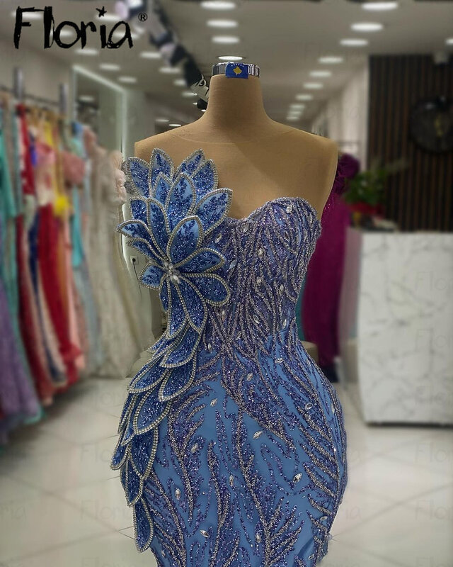 플로리아 글리터 실버 크리스탈 블루 이브닝 원피스, 아랍 여성 디너 나이트 가운, 맞춤 제작 특별 행사 드레스, 2024