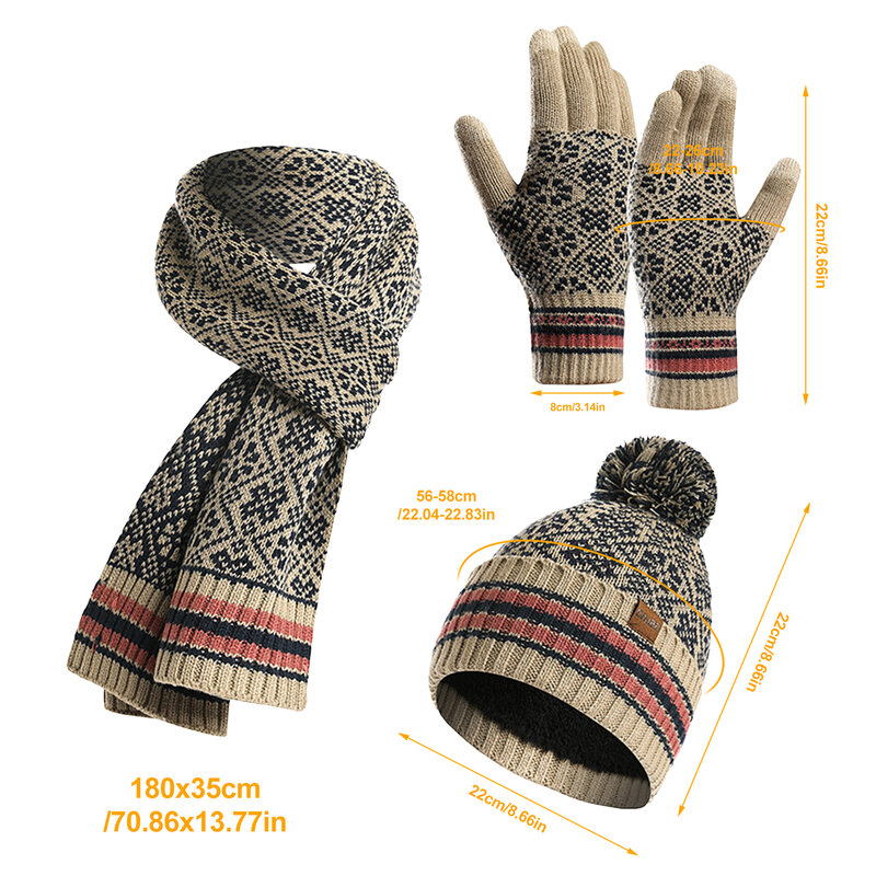 冬の帽子と手袋のセット,3個,女性用,スカーフとタッチスクリーンの手袋,裏地付きフリース,暖かいニット