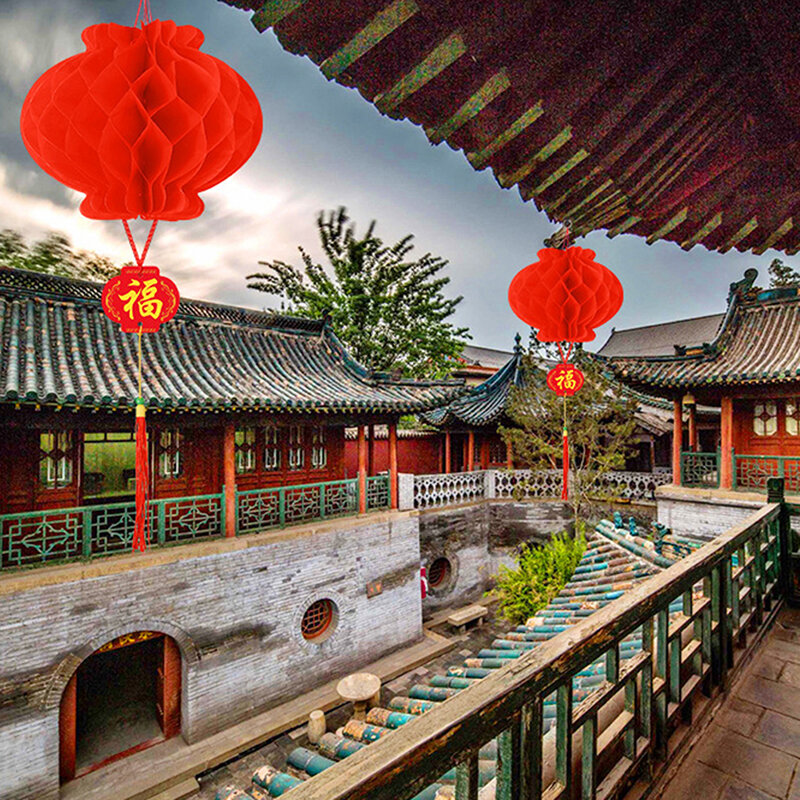 Lanternes traditionnelles chinoises pliables en papier rouge, pour la décoration du nouvel an chinois 2024, lanternes de festival résistantes à l'eau, 10 pièces