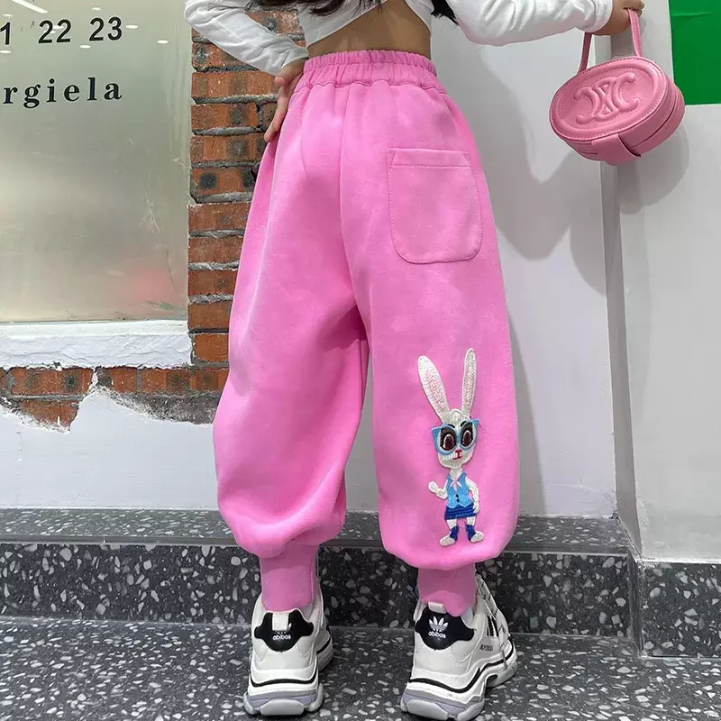Pantalones informales de algodón para niñas, ropa de chándal con diseño de conejos de dibujos animados, cintura elástica, primavera y otoño
